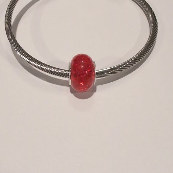 Silver Red and Clear "Crushed Glass" Charm for Pandora Style Bracelet - Picture 2 of 6